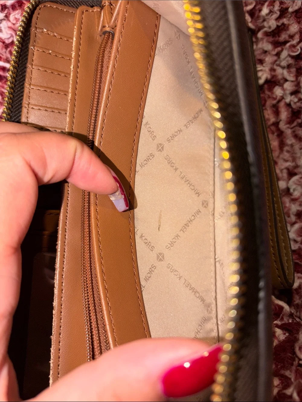 Michael Kors Brown Logo Zip Wristlet with Gold Hardware